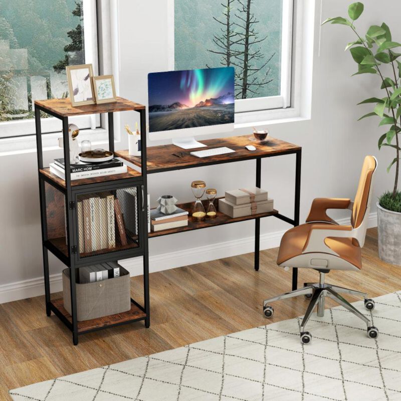 Hivvago Computer Desk with Bookshelf Home Office Desk with Storage Cabinet and Shelves-Rustic Brown