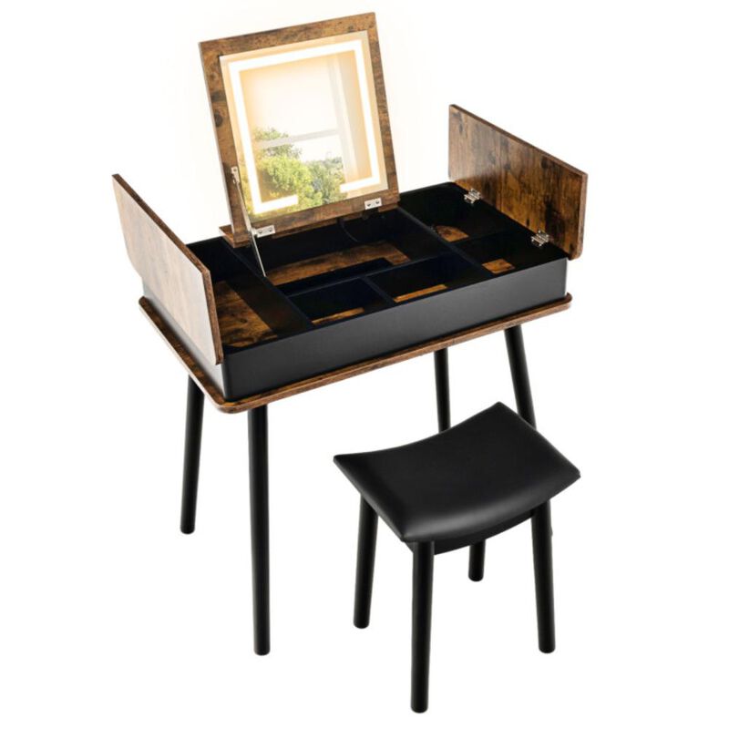 Hivvago Vanity Table Set with Flip Top Mirror Lights USB Writing Desk and Stool