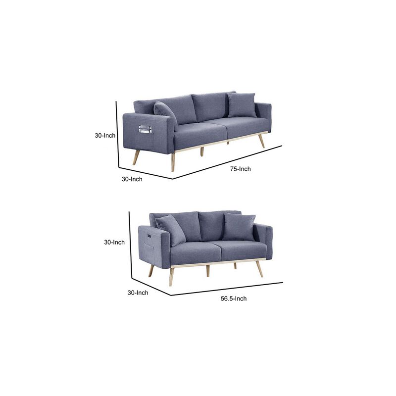 Mico 75 Inch 2 Piece Sofa and Loveseat Set, USB Ports, Dark Gray Fabric