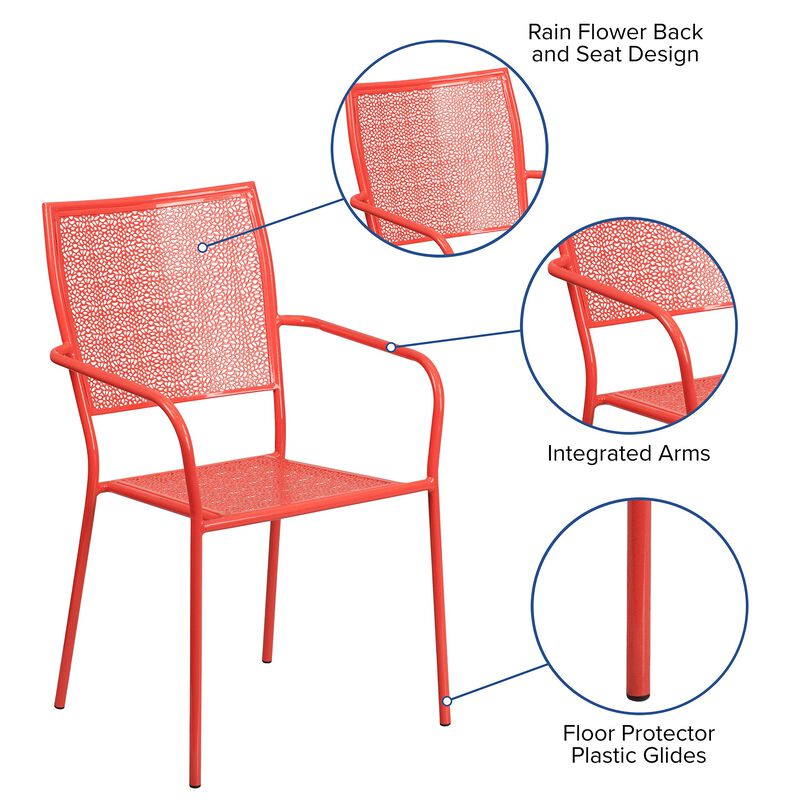 Flash Furniture Commercial Grade Coral Indoor-Outdoor Steel Patio Arm Chair with Square Back