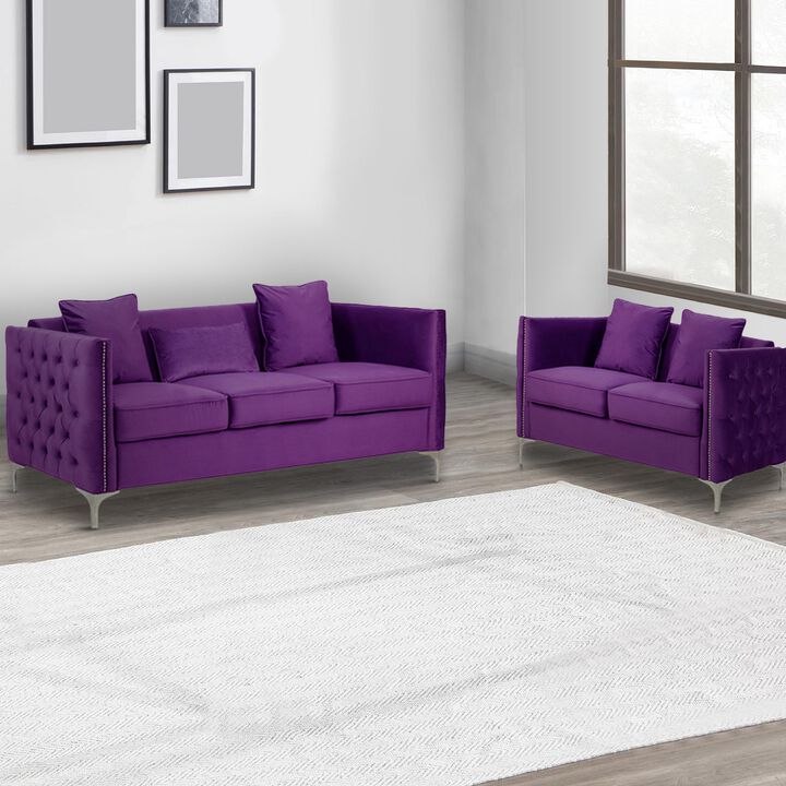 Joel Modern 2 Piece Sofa and Loveseat Living Room Set, Tufted Purple Velvet-Benzara