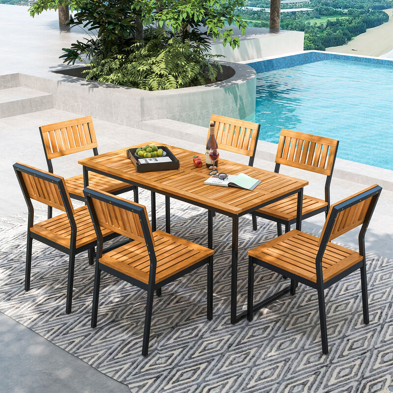 Dining Table for 6 People with Slatted Tabletop and Umbrella Hole for Outdoor Patio or Garden