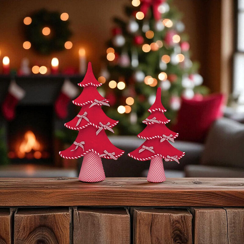 Set of 2 Felt Wool Pine Tree Decorations for Christmas Table or Shelf Display