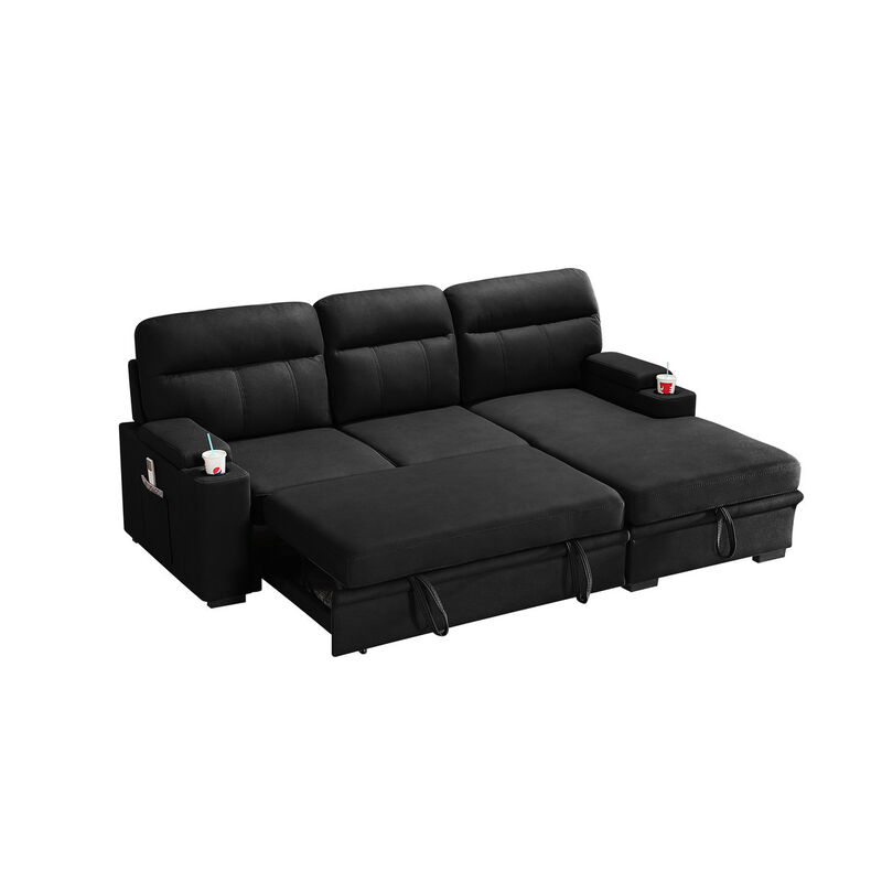 Kaden Black Fabric Sleeper Sectional Sofa Chaise with Storage Arms and cup holder