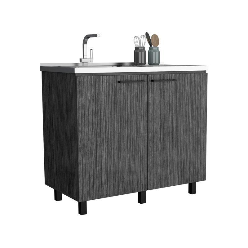 DEPOT E-SHOP Salento 2 Freestanding Utility Base Cabinet with Stainless Steel Countertop and 2-Door, Smokey Oak