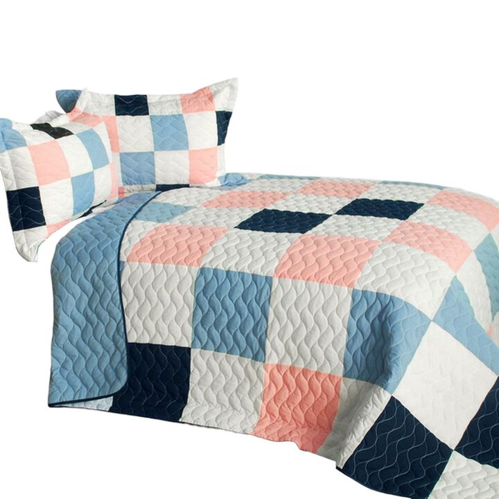 3 Piece Queen Patchwork Quilt Set with Hand-Stitched Design and Reversible Style-Pink