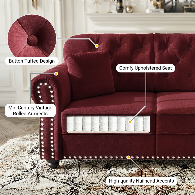 Whisen 2 Seat Velvet Upholstered Sofa with 2 Ottomans, Nailhead Trim, Mid-Century Modern, for Living Room image number 4