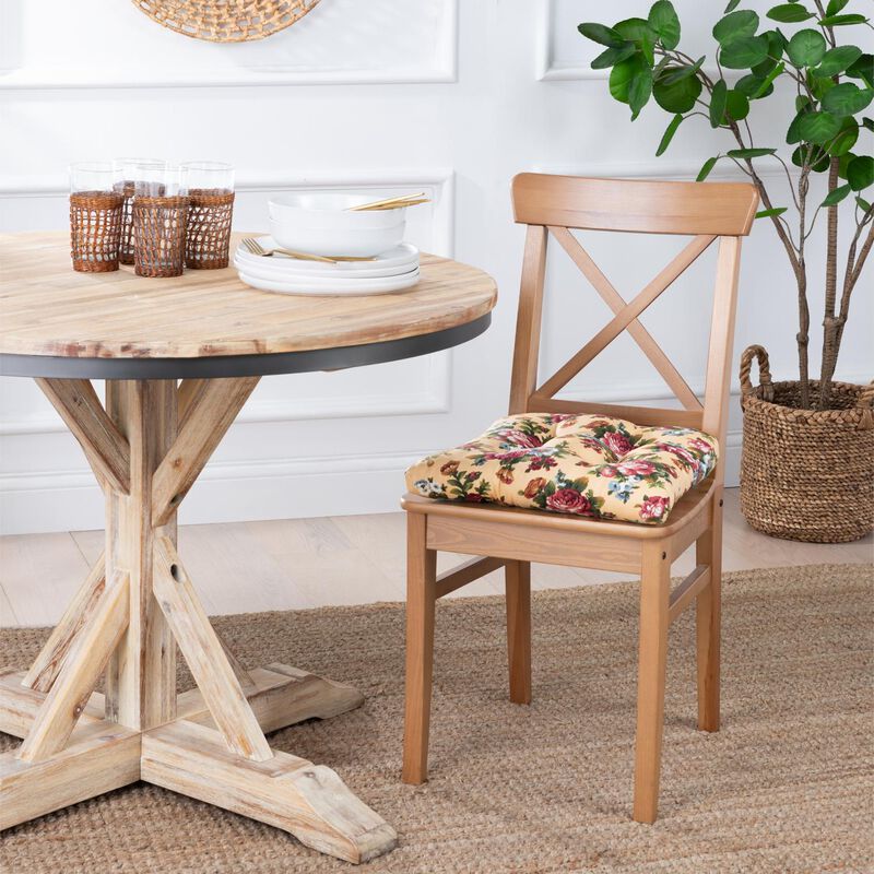 Ellis Bella Rose Stylish Medium Scale Printed Floral Pattern Non-Skid Chair Pad 18"x18" Butter