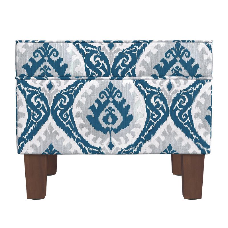 Ishi Accent Storage Ottoman, 22 Inch Blue White Ikat Paisley Pattern - Benzara