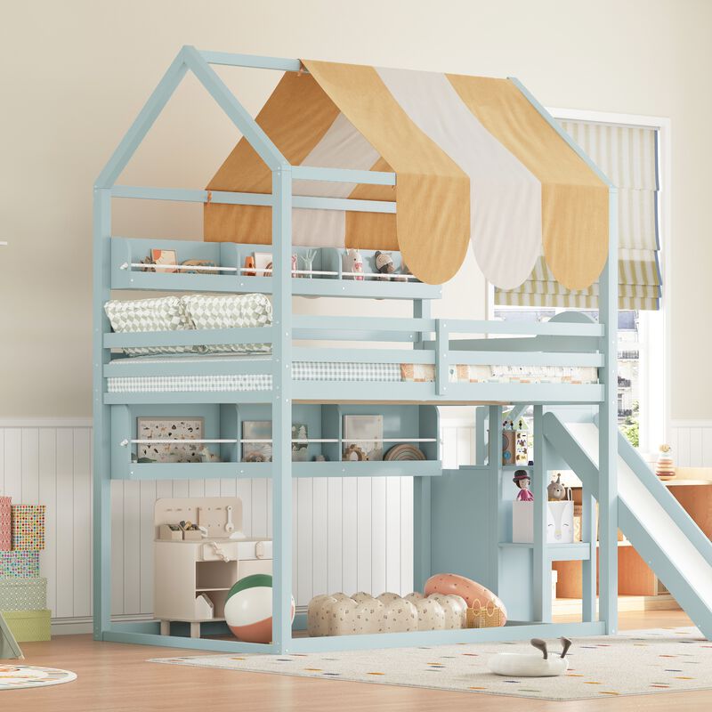 Merax Full Size White Loft Bed with Playhouse Canopy, Slide & Built-In Bookshelves image number 1