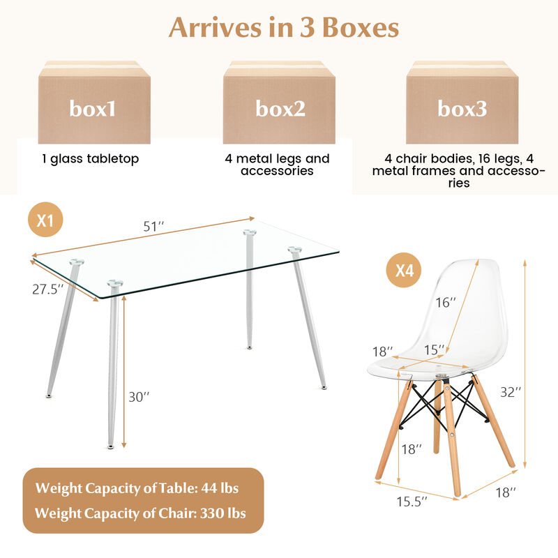 Hivvago 5 Pieces Rectangle Dining Table Set with Glass Tabletop image number 2