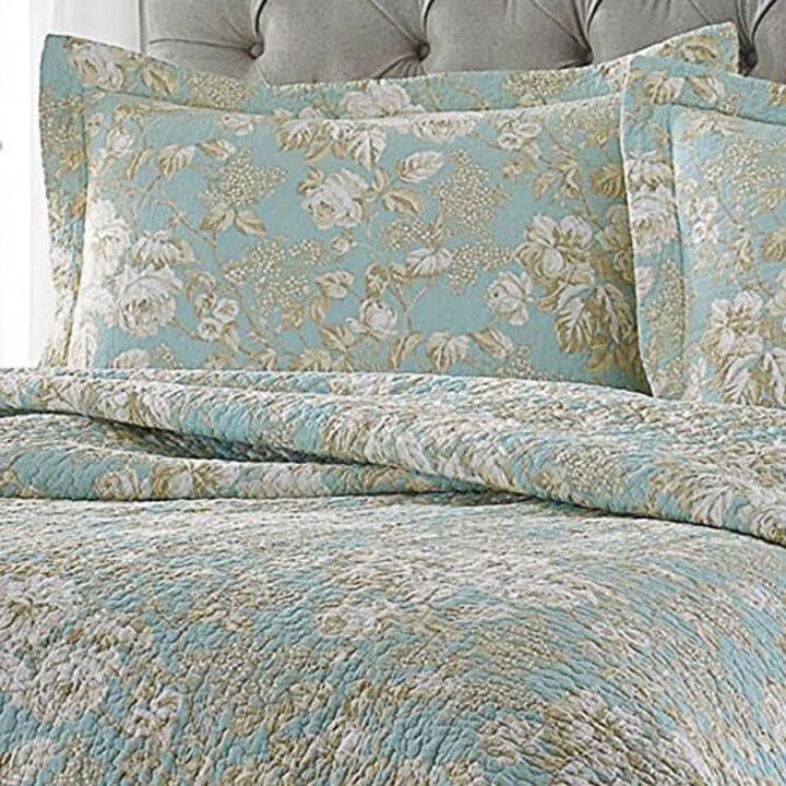 QuikFurn Full / Queen 3-Piece Cotton Quilt Set in Seafoam Blue Beige Floral Pattern