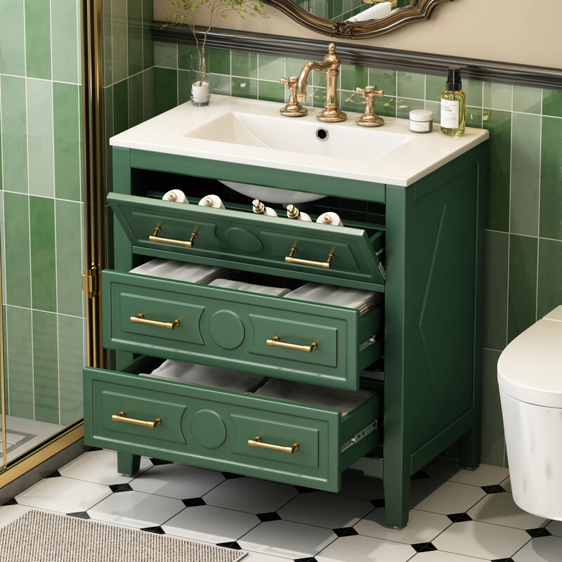 ELEMENT ACE Freestanding Bathroom Vanity Set with Ceramic Sink and Three Drawer Storage Cabinet image number 3