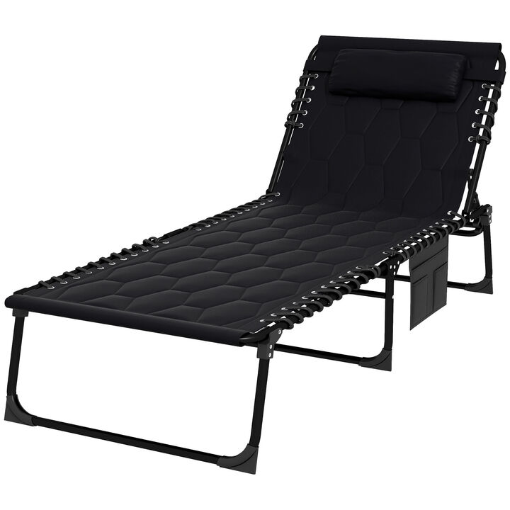 Outsunny Folding Chaise Lounge with 5-level Reclining Back, Outdoor Lounge Chair with Build-in Padded Seat, Outdoor Tanning Chair with Side Pocket, Headrest for Beach, Yard, Patio, Black