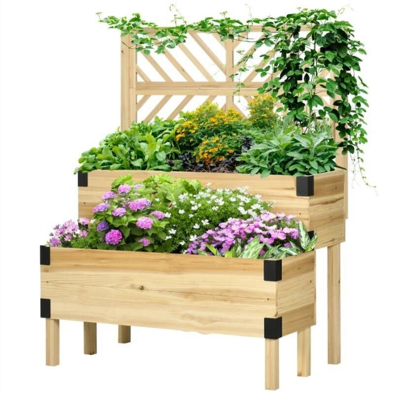 Multi-Level Wooden Raised Garden Bed &ndash; 2-Tier Self-Draining Planter with Trellis Support