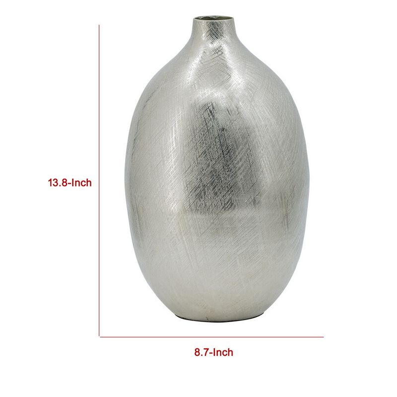 Pansy 14 Inch Modern Vase, Metal, Tall Curved Shape, Bottleneck, Silver  - Benzara