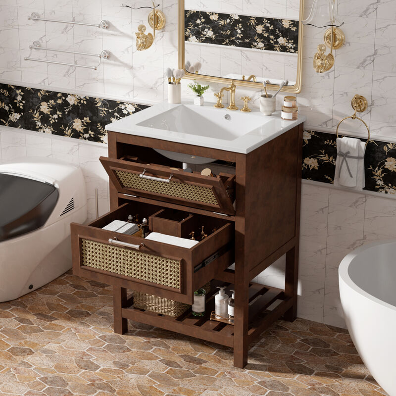 ELEMENT ACE 24 Inch Bathroom Vanity with Integrated Ceramic Sink, Deep & Tip-Out Storage Drawers, Space-Saving Modern Cabinet for Small Medium Restrooms image number 5