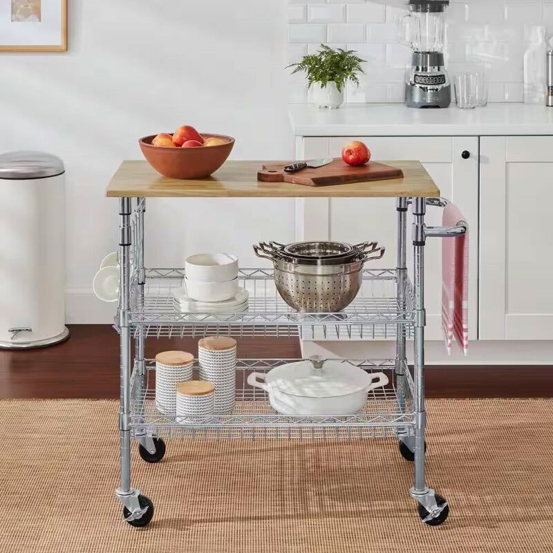 Kitchen Island Cart with Top and Two Bottom Storage Shelves on Wheels for Easy Mobility and Organization