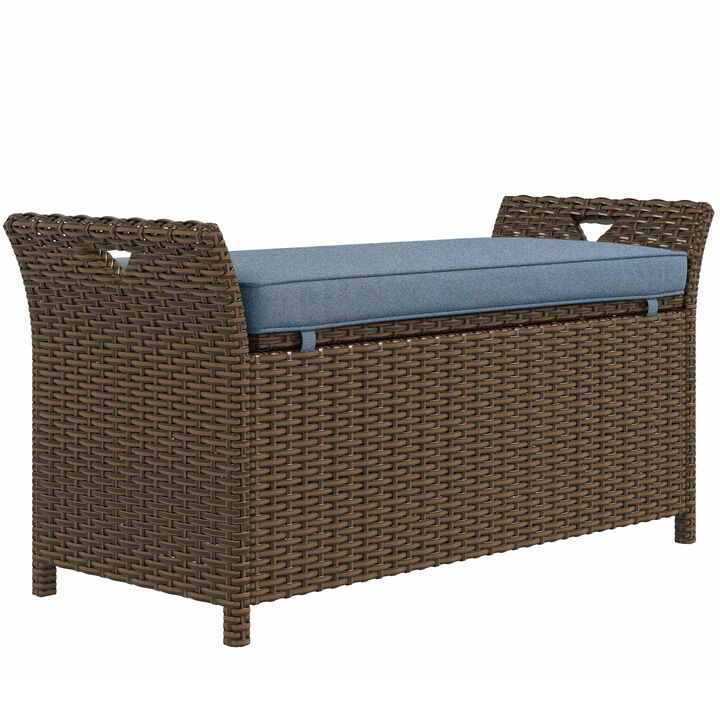 Outsunny 27 Gallon Patio Wicker Storage Bench, Outdoor PE Rattan Patio Furniture, 2-In-1 Large Capacity Rectangle Garden Storage Box with Handles and Cushion, Dark Blue
