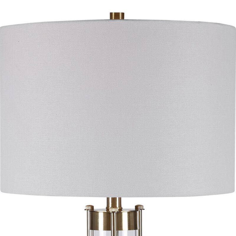 28 Inch Metal and Glass Stacked Base Table Lamp, Gold-Benzara
