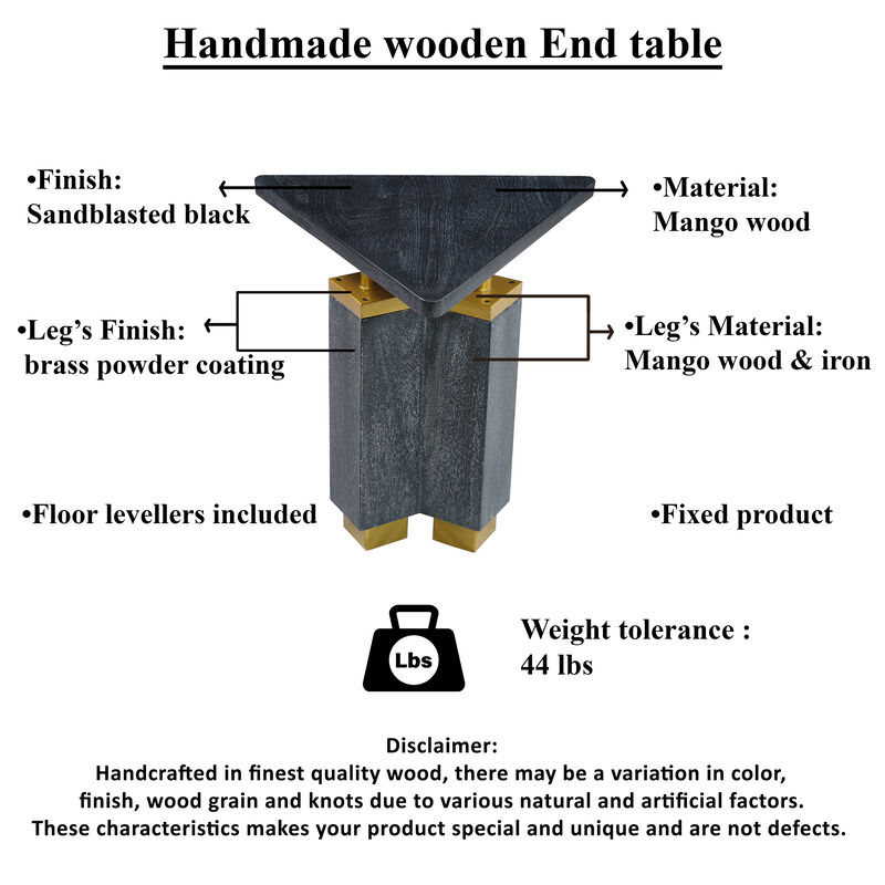 Andes Modern Triangular End Table - Handcrafted with Gold Brass Trim and Sandblasted Black Finish, 20 Inch