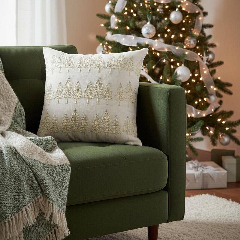 HomeRoots 18" Ivory And Silver Cotton Christmas Trees Throw Pillow With Embroidery image number 1