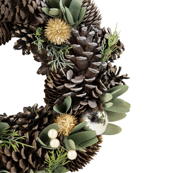 Silver and Green Mixed Foliage and Pinecone Christmas Wreath  13.5-Inch  Unlit