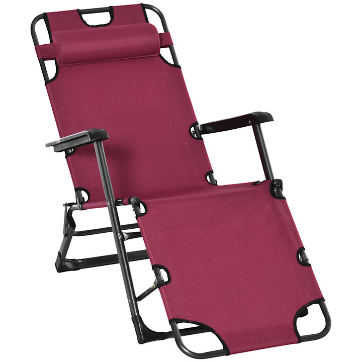 Outsunny Folding Chaise Lounge Chair for Outside, 2-in-1 Tanning Chair with Pillow & Pocket, Adjustable Pool Chair for Beach, Patio, Lawn, Deck, Red