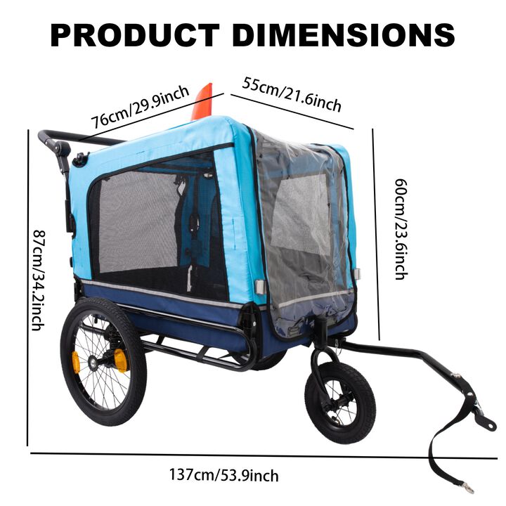 88LB Capacity Blue Pet 2-in-1 Bike Trailer & Push Cart &ndash; All-Terrain Safe Ride