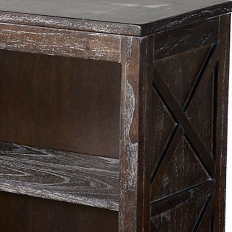 Sofi Small Bookcase, X Cross Panels, 2 Shelves, Dark Brown Veneer - Benzara