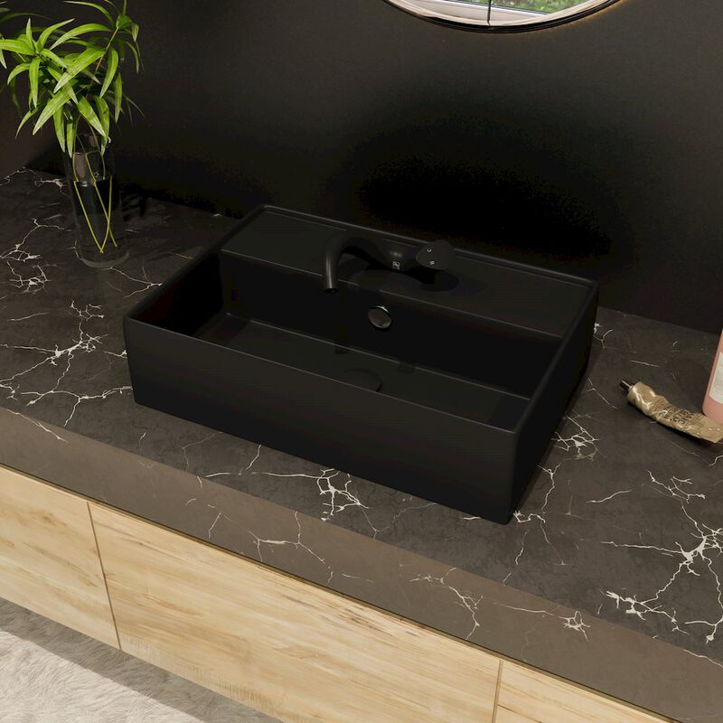 ALFI brand Black Matte 24 Modern Rectangular Above Mount Ceramic Sink with Faucet Hole