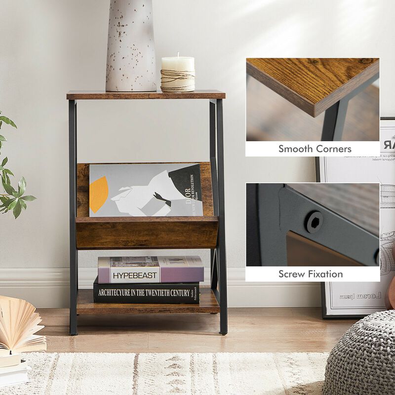 3-Tier Industrial Side Table with V-shaped Bookshelf for Living Room-Rustic Brown image number 3
