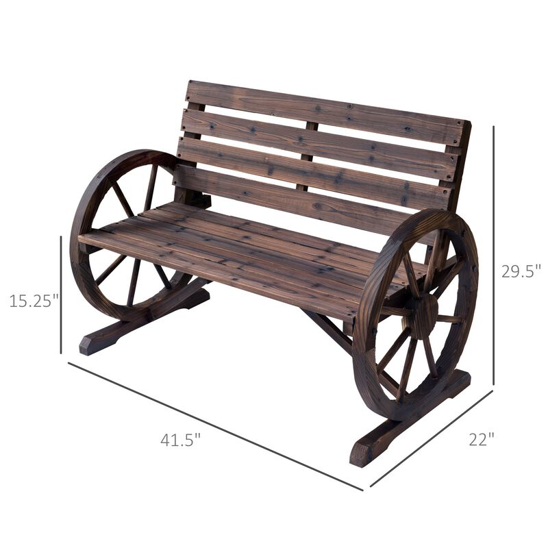 Wooden Wagon Wheel Bench Rustic Outdoor Patio Furniture, 2-Person Seat Bench with Backrest Carbonized