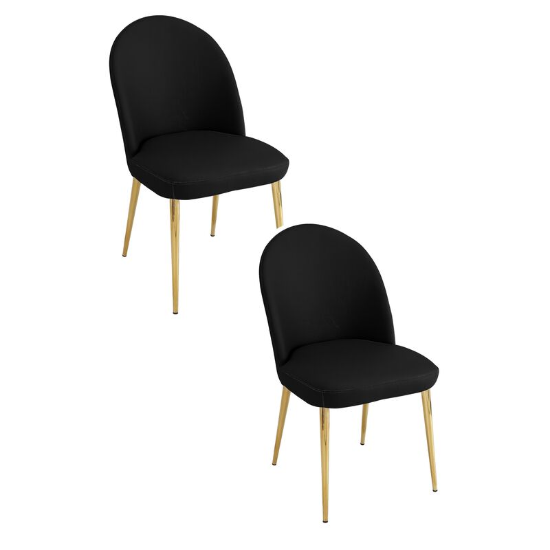 Era 24 Inch Dining Chair Set of 2, Curved Back, Black Faux Leather, Gold - Benzara