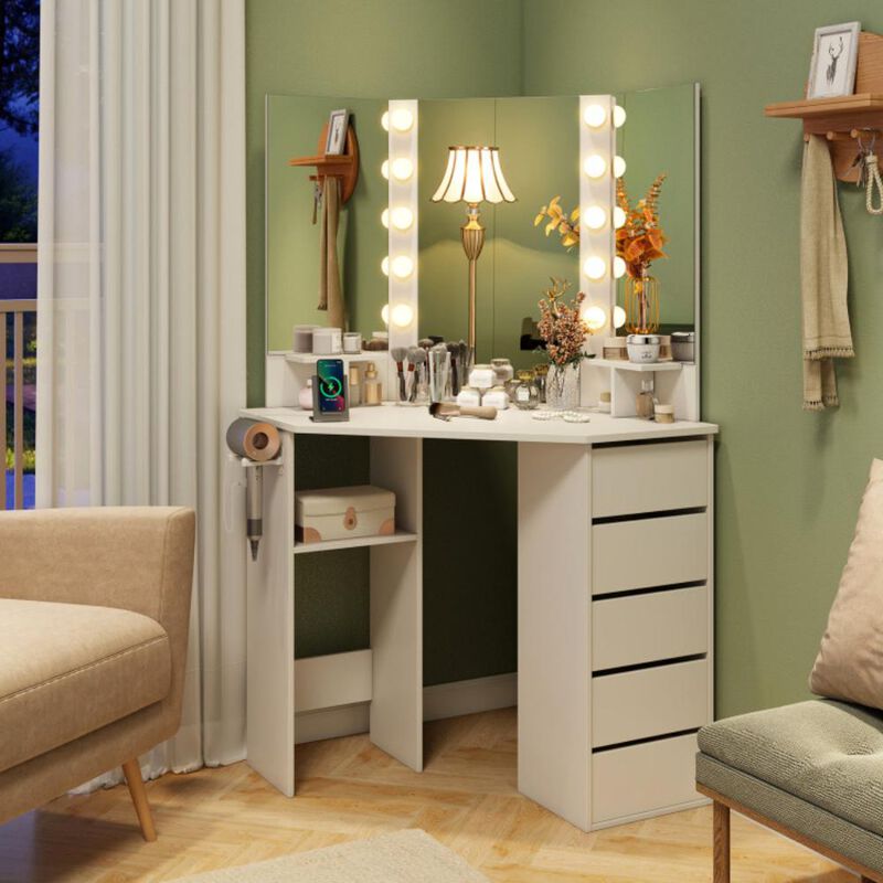 Hivvago Corner Vanity Desk with 3-Color LED Lighted Mirror and Power Outlet