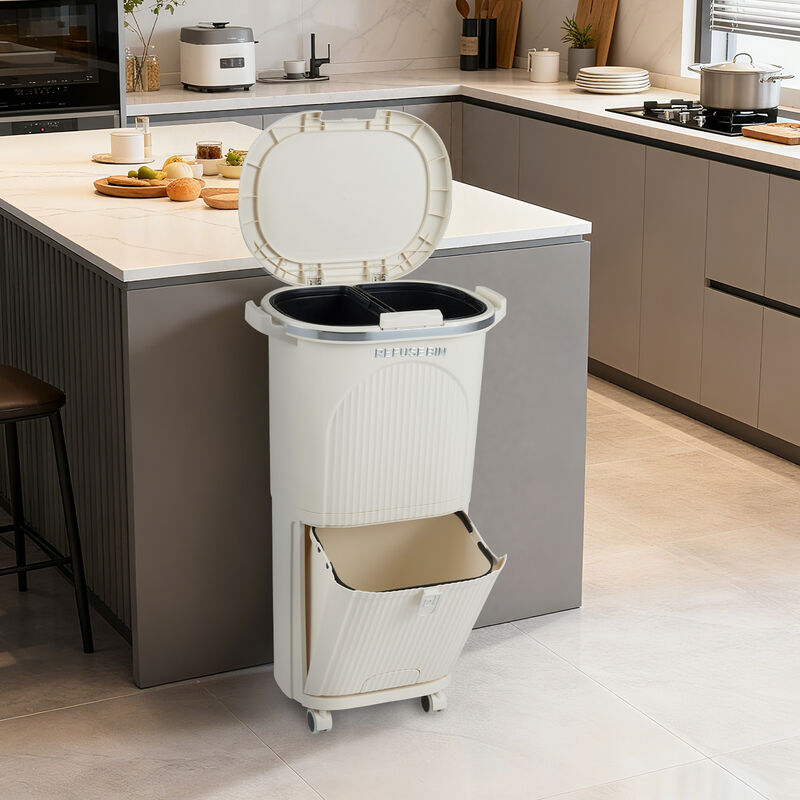 Beige 10 Gal Kitchen Garbage Can with Double Layers and Two Removable Buckets