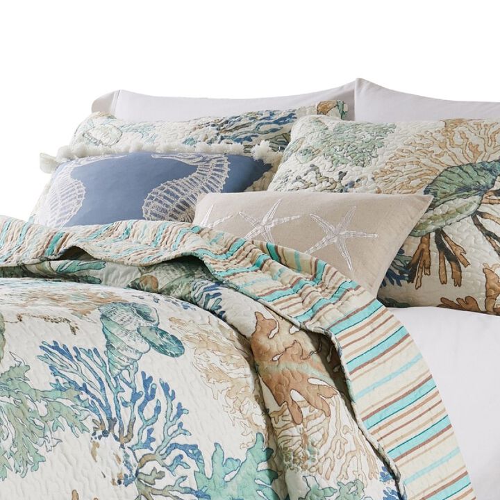 Wade 3pc Full/Queen Quilt Set with Sham, Jade Blue Coastal Microfiber - Benzara