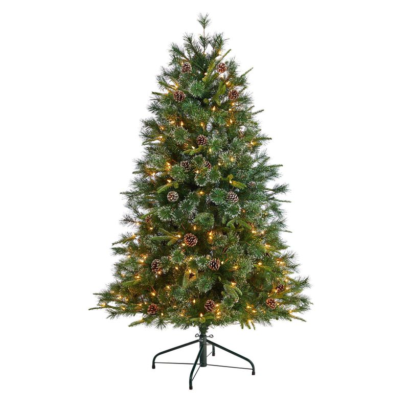Nearly Natural Snowed Tipped Clermont Mixed Pine Artificial Christmas Tree with Clear Lights, Pine Cones and Bendable Branches