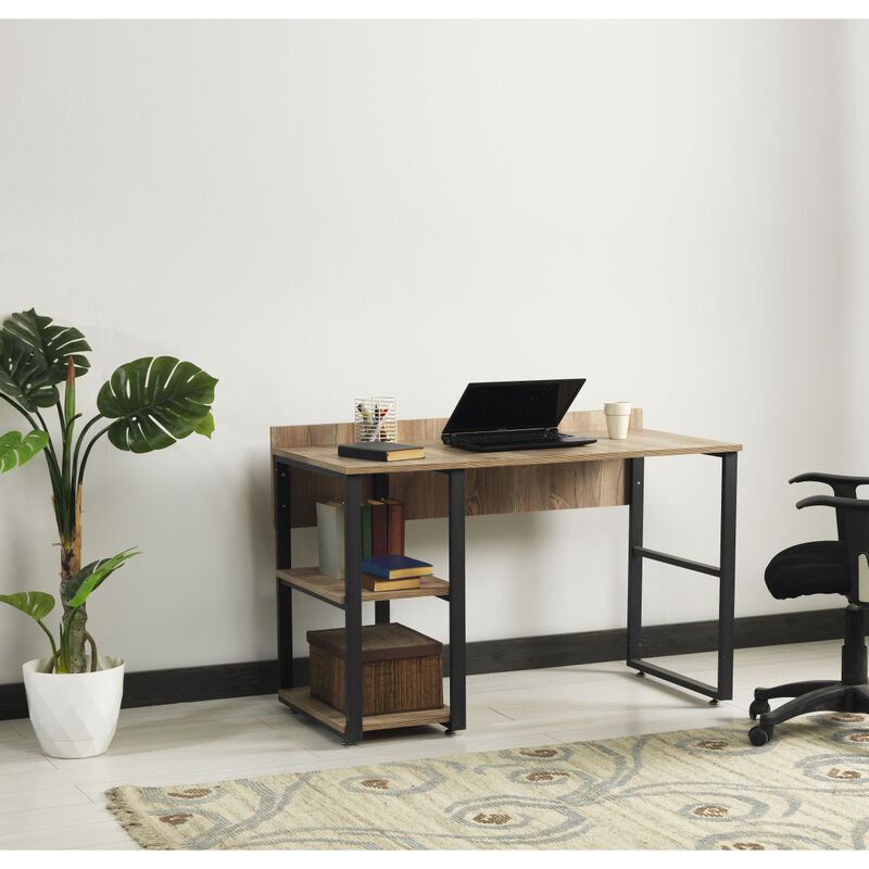 Furnish Home Store Rasse Black Metal Frame 58" Wooden Top 2 Shelves Writing and Computer Desk for Home Office, Oak