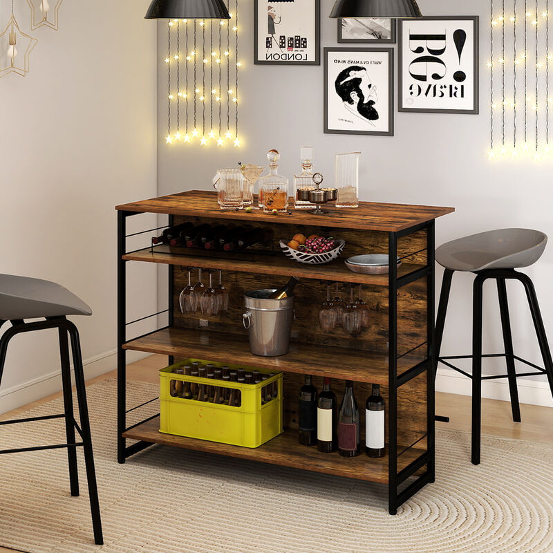 Kitchen Island Mini Bar with 4 Tiers, Footrest, and Built-In Wine Rack-Coffee image number 3
