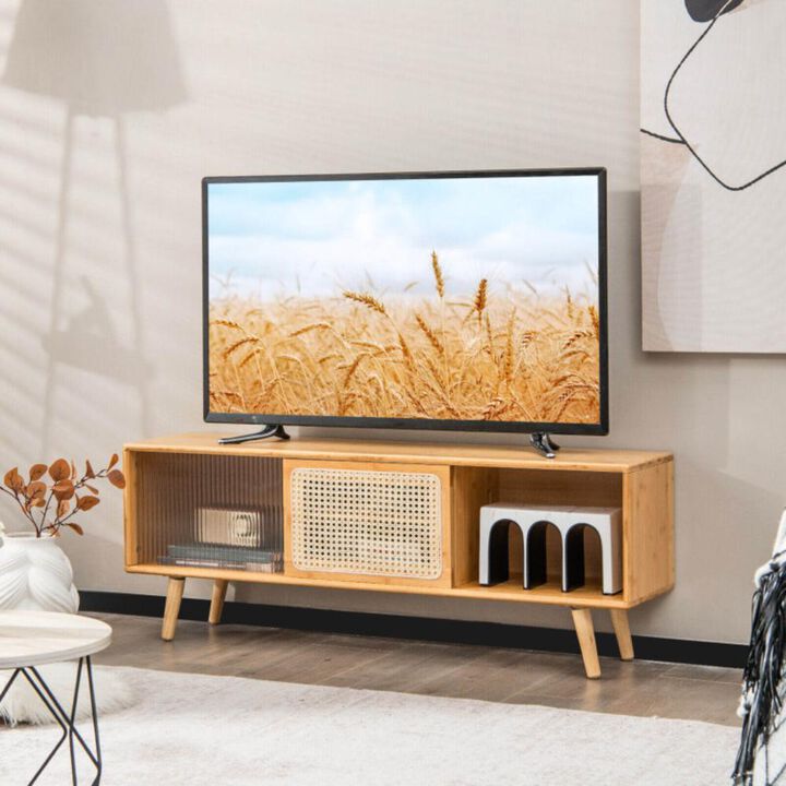 Hivvago Modern TV Stand with Rattan Glass Sliding Doors