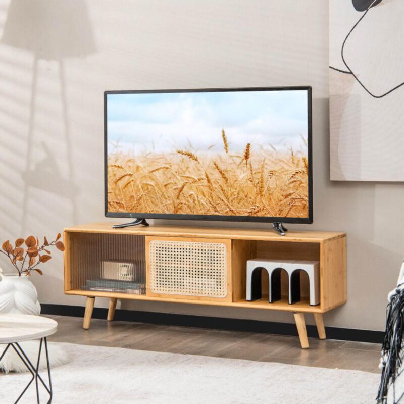 Hivvago Modern TV Stand with Rattan Glass Sliding Doors