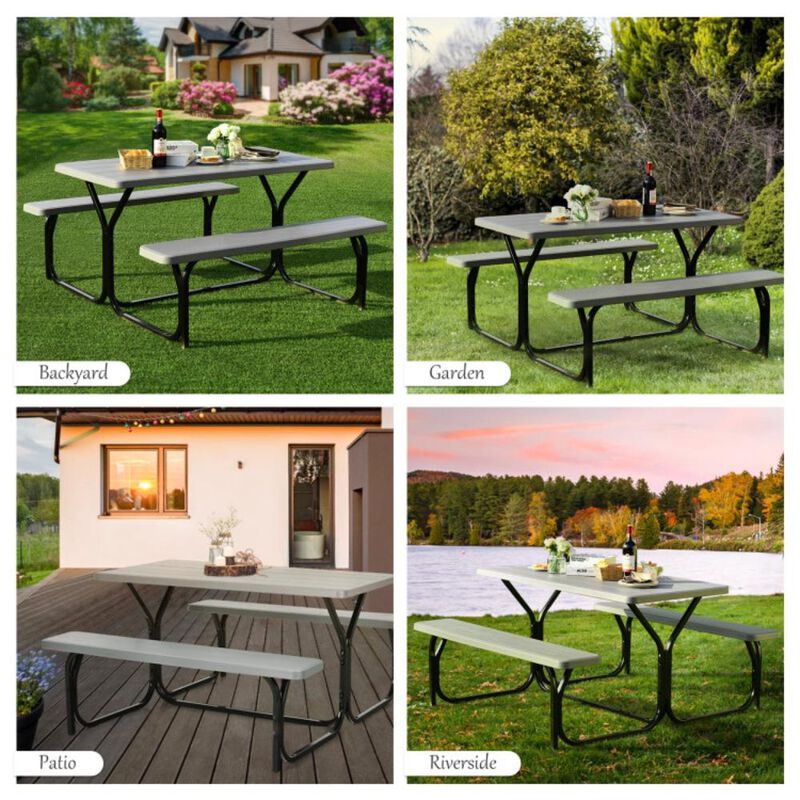Hivvago HDPE Outdoor Picnic Table Bench Set with Metal Base