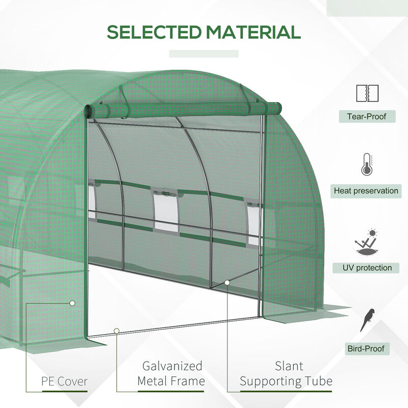 Outsunny 20' x 10' x 7' Walk-In Tunnel Greenhouse, Garden Warm House, Large Hot House Kit with 8 Roll-up Windows & Roll Up Door, Steel Frame, Green
