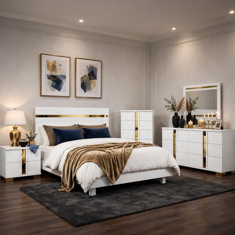 Yoki 5pc Queen Bedroom Set w Underbed LED, White and Gold, Tall Dresser image number 6