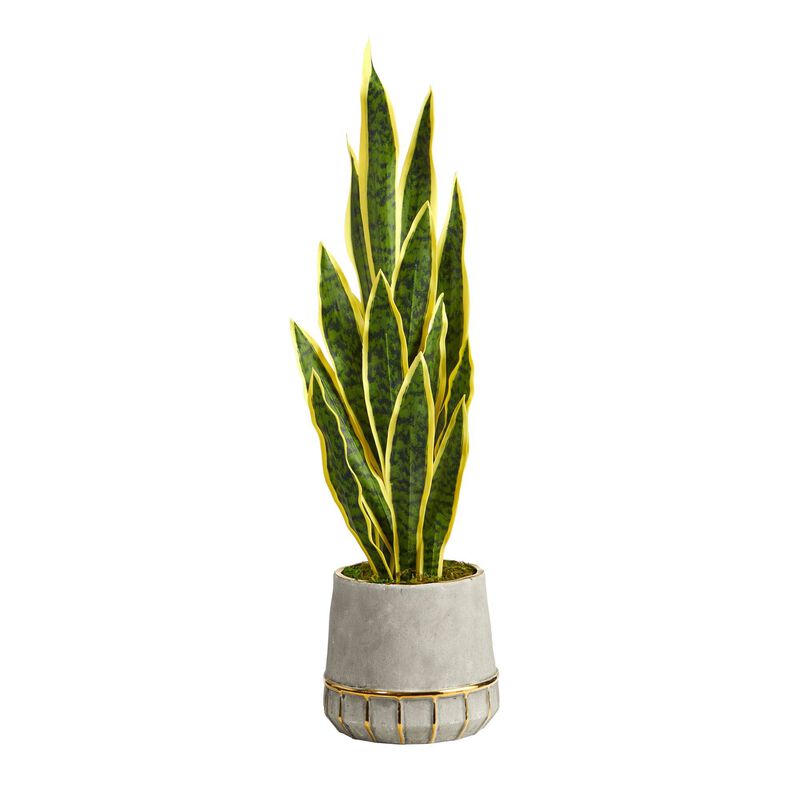 Nearly Natural 34-in Sansevieria Plant in Stoneware Planter w/ Gold Trimming