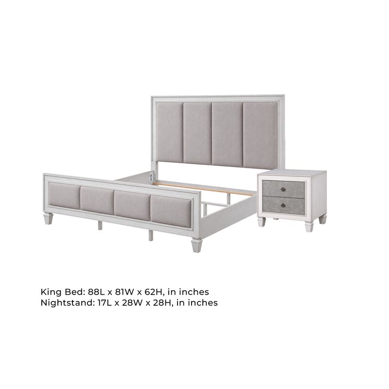 2pc King Bedroom Set, Upholstered Design, Gray and White, Nightstand image number 7
