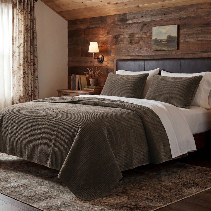 Stonewashed Brown Cotton Velvet King Quilt Set