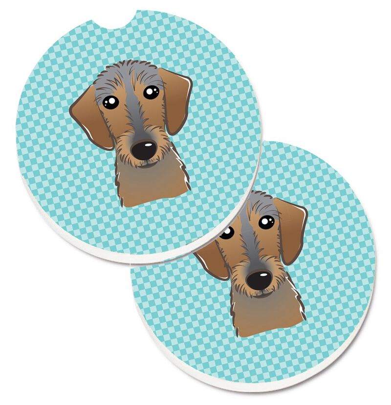 Caroline's Treasures Checkerboard Blue Wirehaired Dachshund Set of 2 Cup Holder Car Coasters BB1171CARC, 2.56, Multicolor