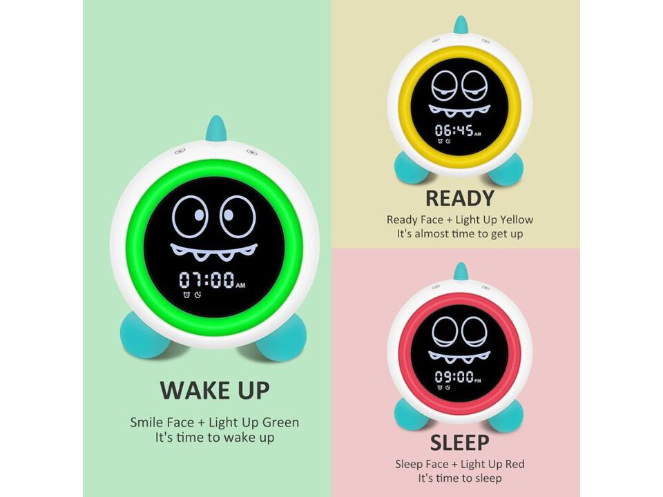 Kids Alarm Clock Toddler Sleep Training with Night Light Sound Machine Dinosaur Time to Wake for Children Gift for Boys Girls (Green)